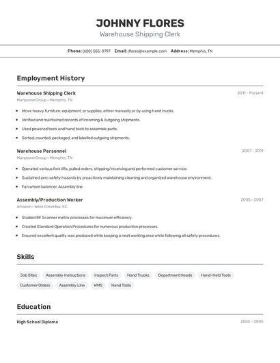 Warehouse Shipping Clerk Resume