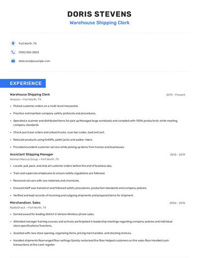 Warehouse Shipping Clerk Resume