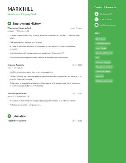 Warehouse Shipping Clerk Resume