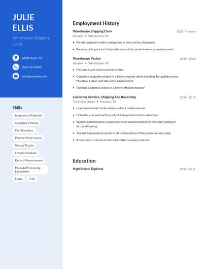 Warehouse Shipping Clerk Resume
