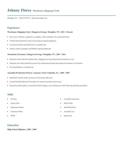 Warehouse Shipping Clerk Resume