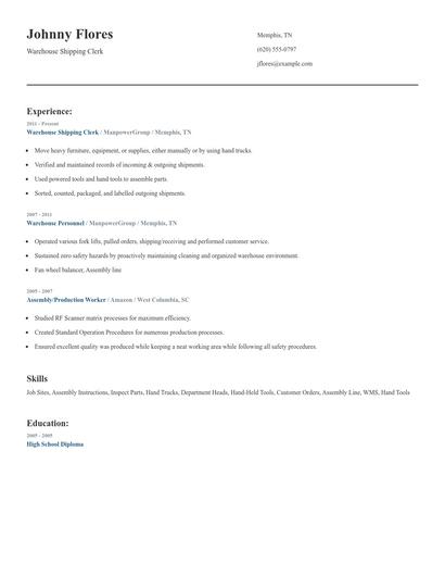 Warehouse Shipping Clerk Resume