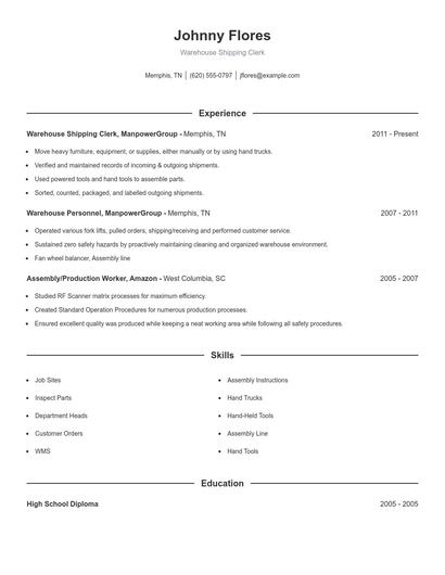 Warehouse Shipping Clerk Resume