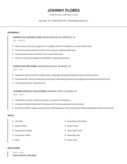 Warehouse Shipping Clerk Resume