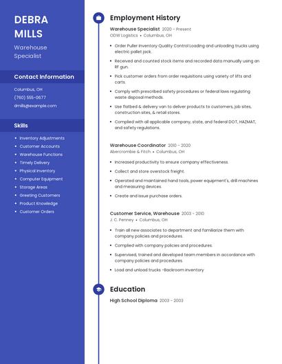 Warehouse Specialist Resume