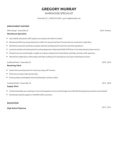 Warehouse Specialist Resume