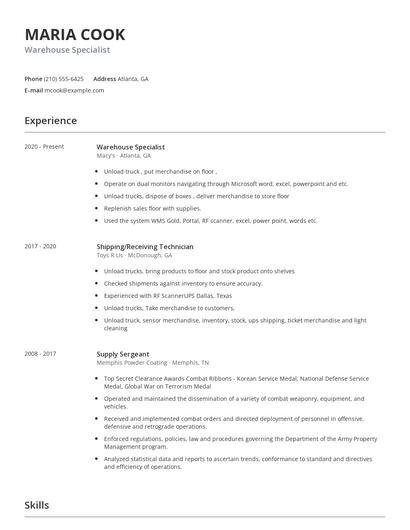 Warehouse Specialist Resume