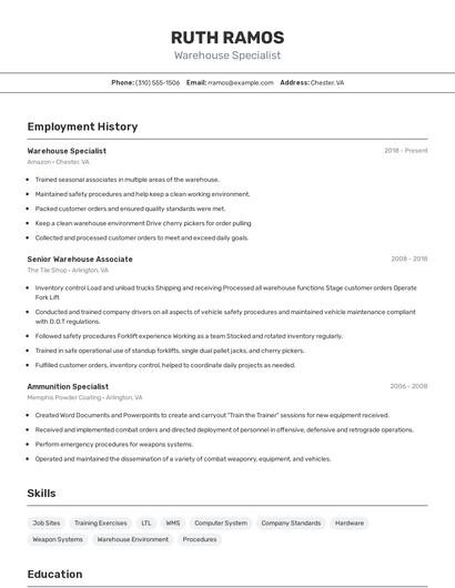 Warehouse Specialist Resume
