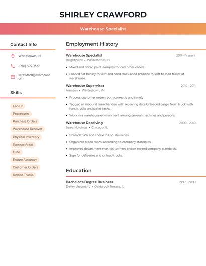 Warehouse Specialist Resume