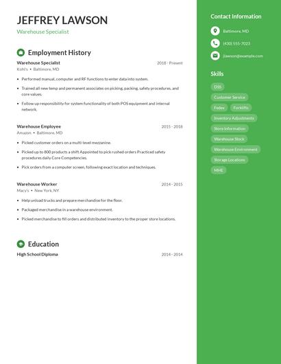 Warehouse Specialist Resume