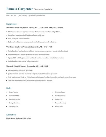 Warehouse Specialist Resume