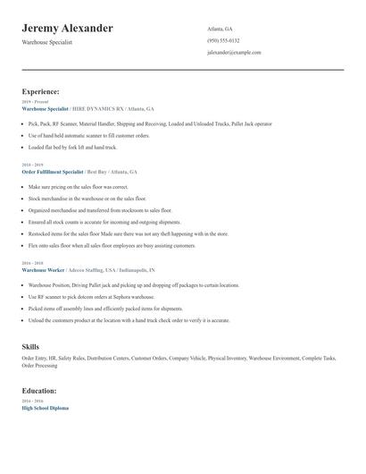 Warehouse Specialist Resume