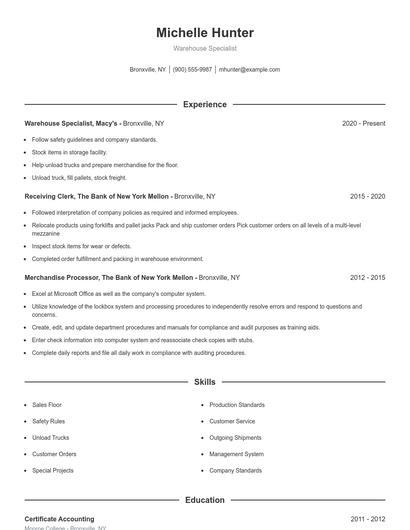 Warehouse Specialist Resume