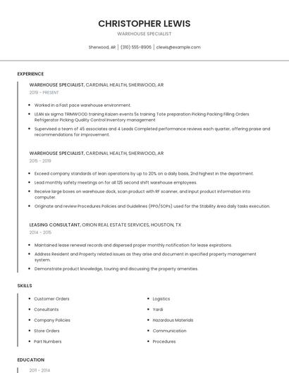 Warehouse Specialist Resume