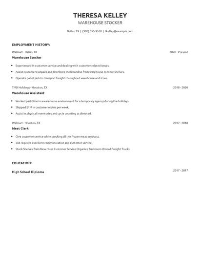 Warehouse Stocker Resume
