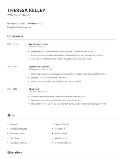 Warehouse Stocker Resume