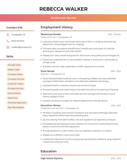 Warehouse Stocker Resume