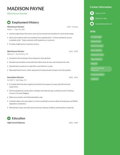 Warehouse Stocker Resume