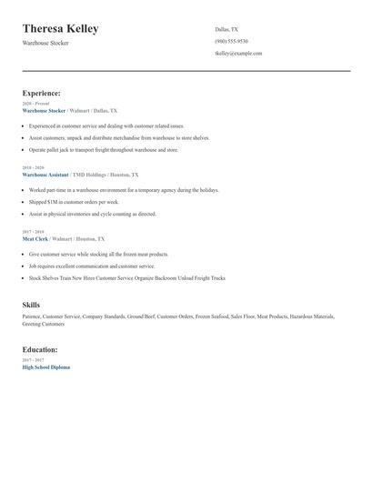 Warehouse Stocker Resume