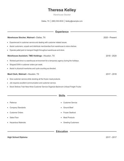 Warehouse Stocker Resume