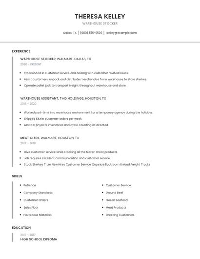Warehouse Stocker Resume
