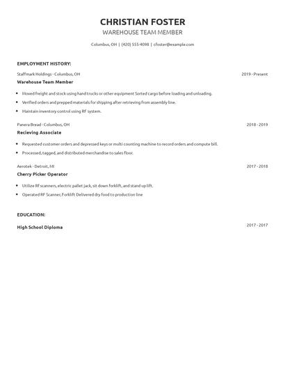 Warehouse Team Member Resume
