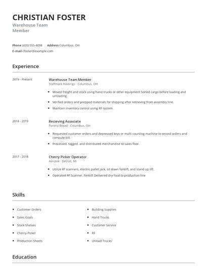 Warehouse Team Member Resume