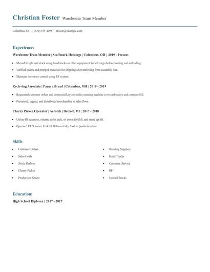 Warehouse Team Member Resume