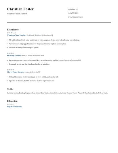 Warehouse Team Member Resume