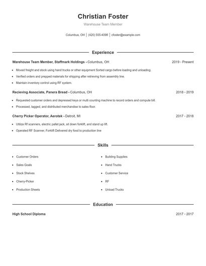 Warehouse Team Member Resume