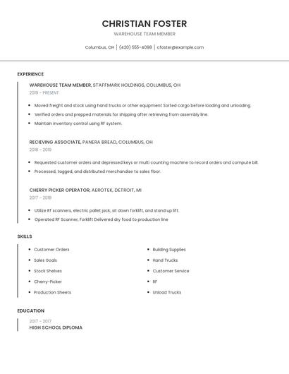 Warehouse Team Member Resume