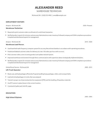 Warehouse Technician Resume