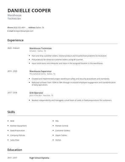 Warehouse Technician Resume