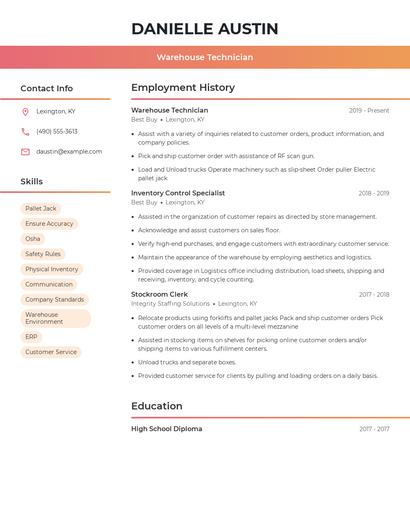 Warehouse Technician Resume