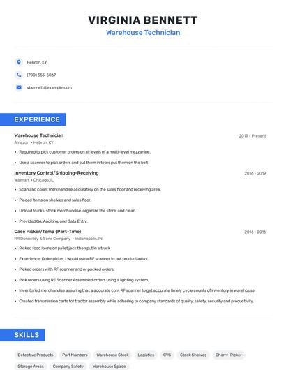 Warehouse Technician Resume
