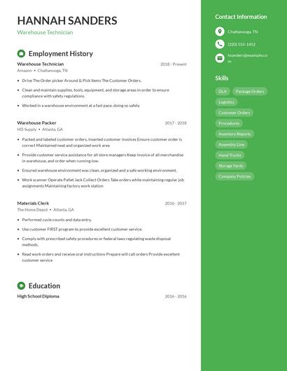Warehouse Technician Resume