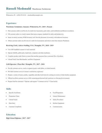 Warehouse Technician Resume