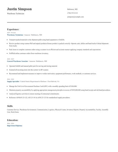 Warehouse Technician Resume
