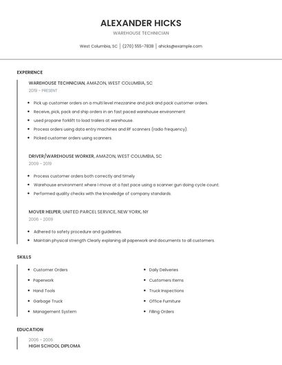 Warehouse Technician Resume