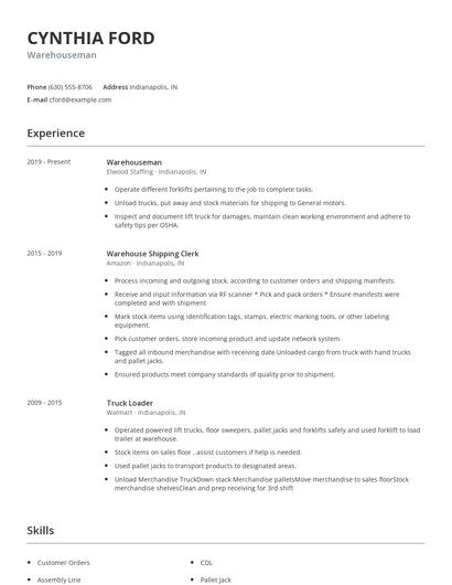 Warehouseman Resume