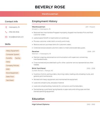 Warehouseman Resume