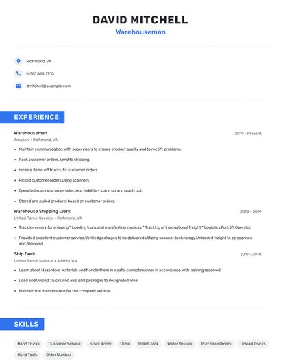 Warehouseman Resume