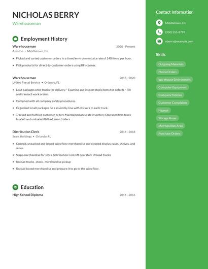 Warehouseman Resume