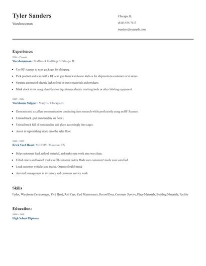 Warehouseman Resume