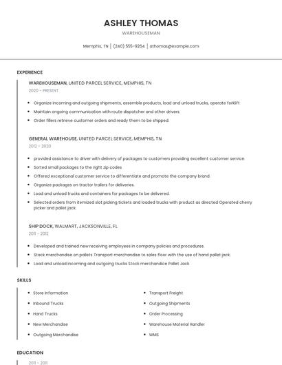 Warehouseman Resume