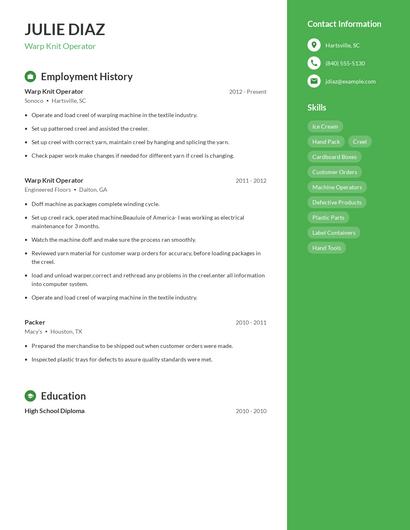 Warp Knit Operator Resume