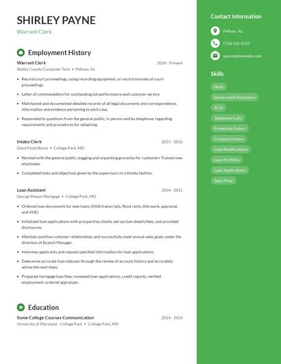 Warrant Clerk Resume