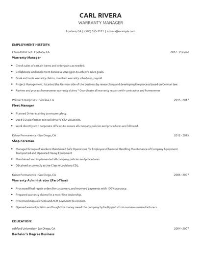 Warranty Manager Resume