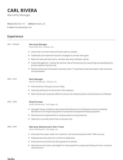 Warranty Manager Resume