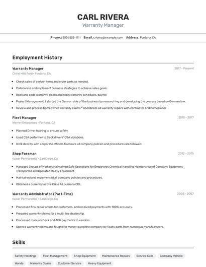 Warranty Manager Resume